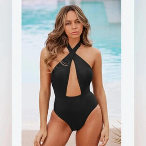 NWT Cupshe X STASSIE Crystal Waters Wrap Halter One Piece Swimsuit Black Large